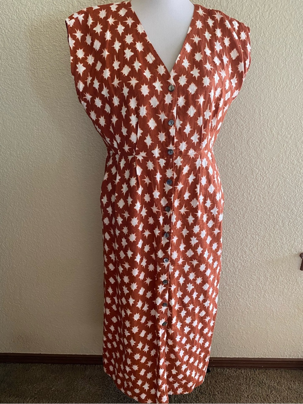 Garnet Hill Linen Midi Dress Rust Brown Star-Print Button Front Dress Sleeveless - Picture 2 of 13